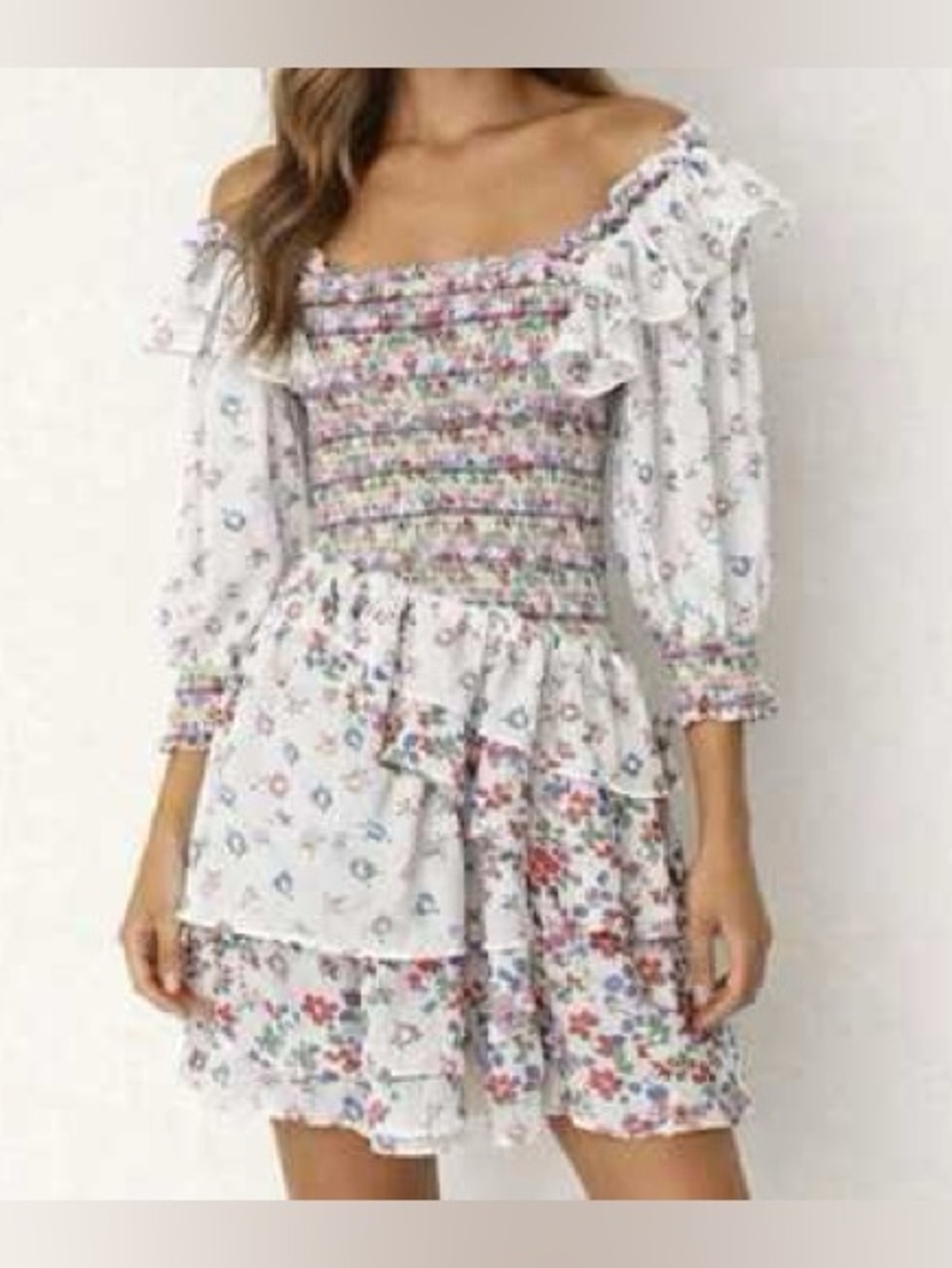 YVONNE & LOVE White Floral Off-Shoulder Smocked Mini Dress SIZE XS